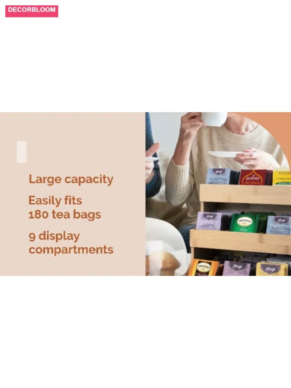 Tea Bag Organizer - Bamboo Storage Box Holds 180 Tea Bags